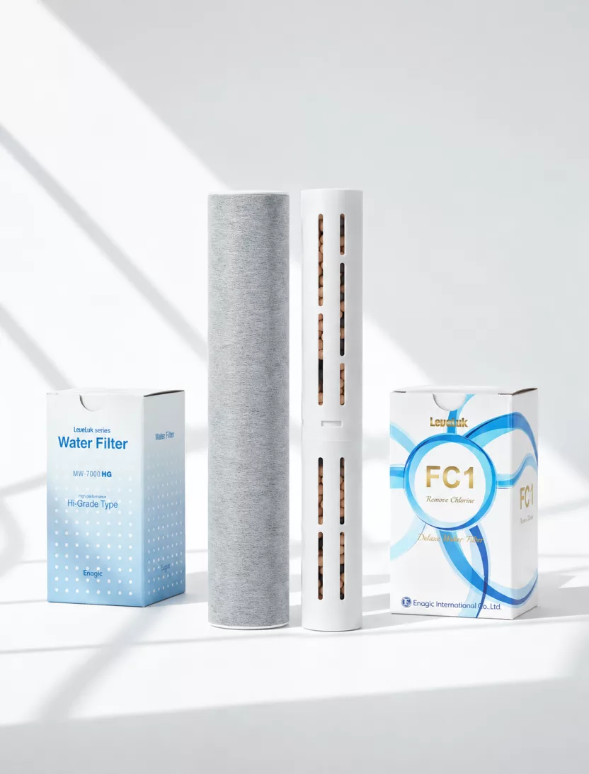 Genuine Enagic replacement filters: the LeveLuk Hi-Grade water filter and the FC1 deluxe water filter