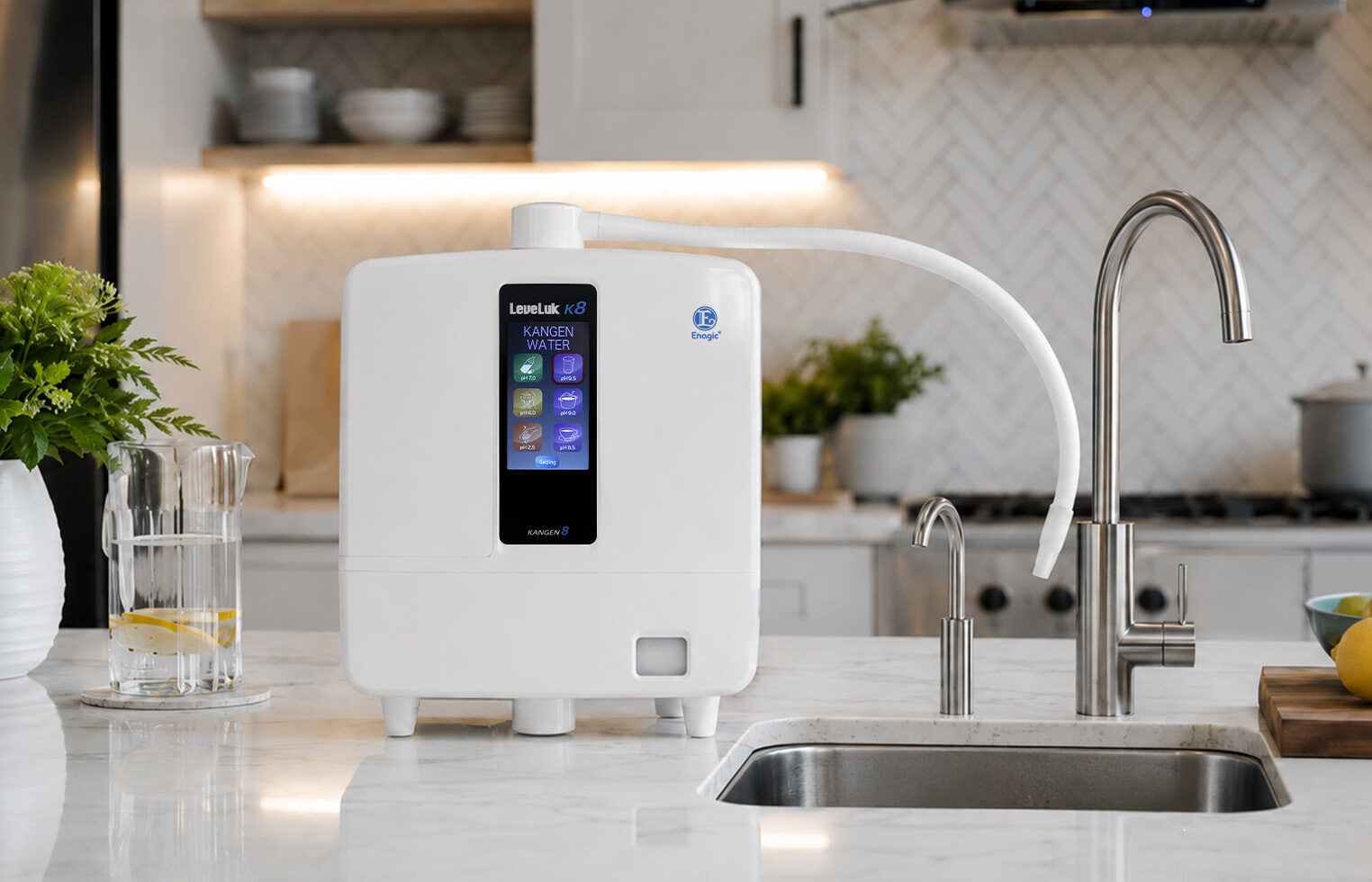 LeveLuk K8 Kangen Water machine on a kitchen counter beside the sink