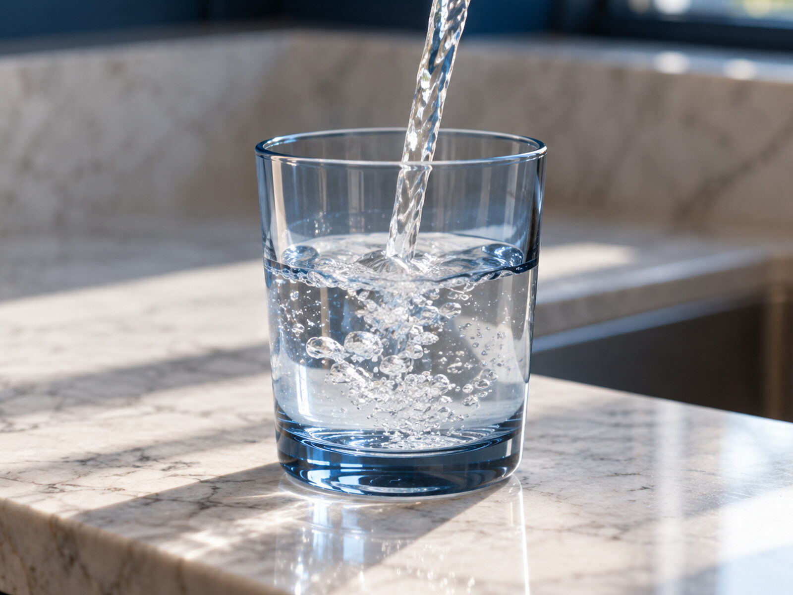 Kangen Water pouring into a glass on a sunlit kitchen counter