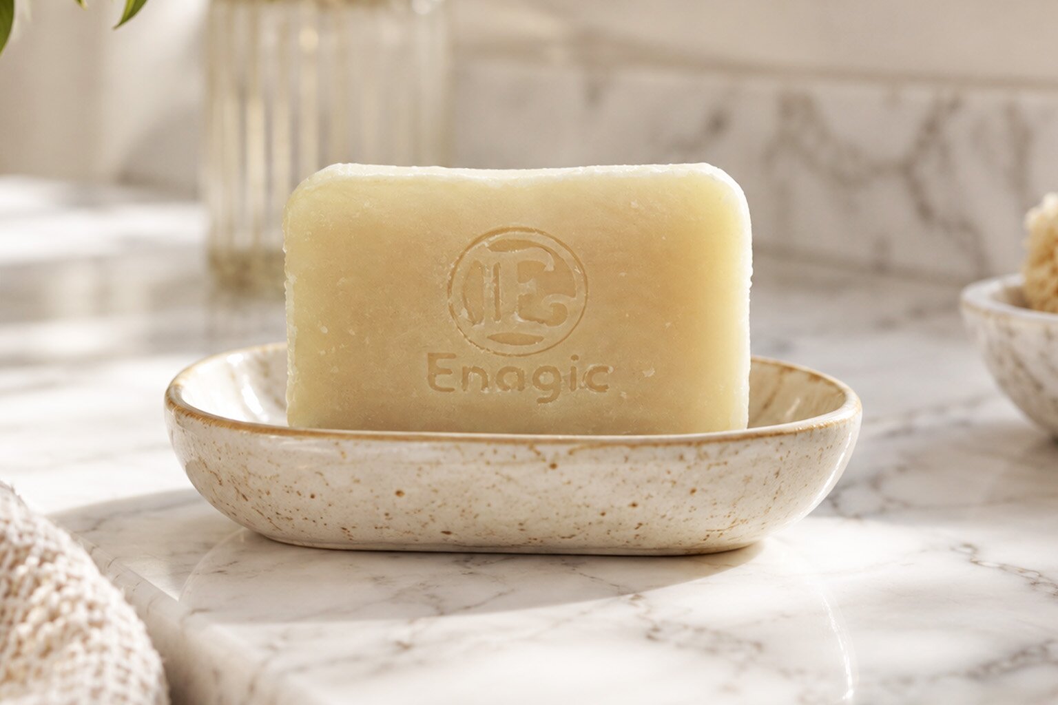 A bar of Kangen Ukon and Honey Soap, embossed with the Enagic mark, resting in a speckled ceramic dish on marble